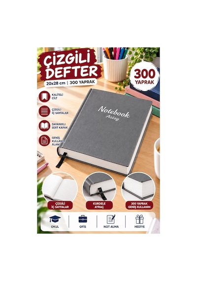 Ciltli Çizgili Defter 300 Yaprak 20x28cm 1 Adet Çok Yapraklı Sert Kapaklı Not Hesap Defteri Okul Ofis Büro Gri