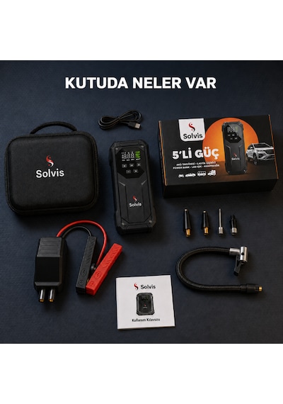 Solvis 5'i 1 Arada 12v Akıllı Akü Takviye Cihazı, Lastik Şişirme Pompası, Powerbank Ve Led Aydınlatma Çanta Hediyeli