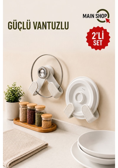 Mainshop 2'li Set Yapışkanlı Tencere Kapağı Askısı Ve Tabak Tutucu - Delme Gerektirmez M-56 Beyaz