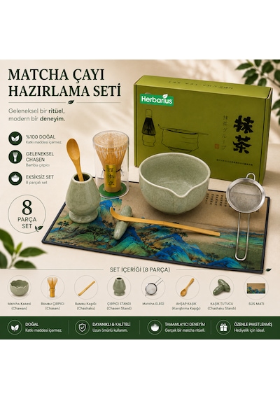 Herbarius 8 Parça Adaçayı Yeşili Renk Matcha Çayı Hazırlama Seti - Geleneksel Japon Matcha Seti