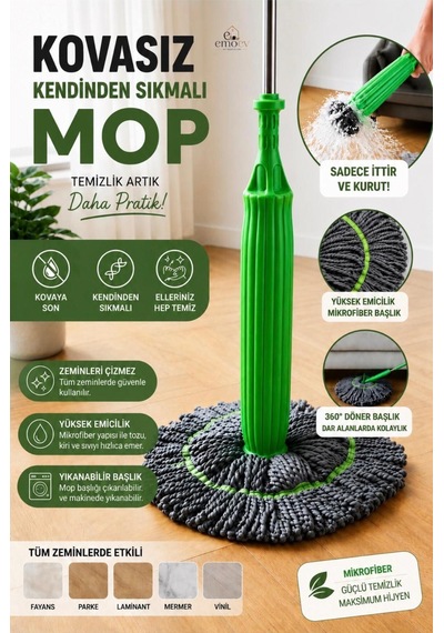 Kovasız Kendinden Sıkmalı Mikrofiber Mop El Değmeden Sıkılan Pratik Paspas