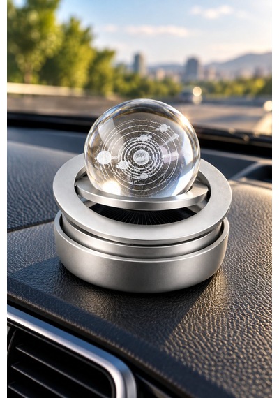 Güneş Enerjili 360 Dönen Kristal Küreli Araç Kokusu Ve Torpido Dekoratif Aksesuar Silver