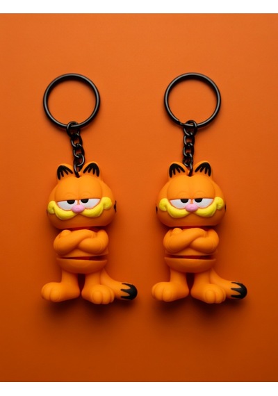 2 Adet Klasik Garfield Kedi Anahtarlığı 3d Esnek - Siyah Zincirli Turuncu