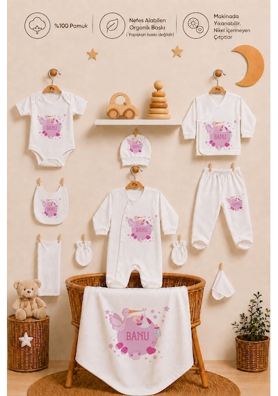 Pia Baby Kişiye Özel Kız Bebek Hastane Çıkışı 10 Parça %100 Pamuk Organik Baskılı Set 2024100x Ekru