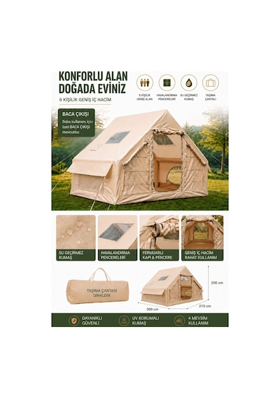 6 Kişilik 4 Mevsim Su Geçirmez Şişme Kamp Çadırı 300x210x200 Cm 300d Oxford Kumaş Bacalı&pencereli Çok Renkli