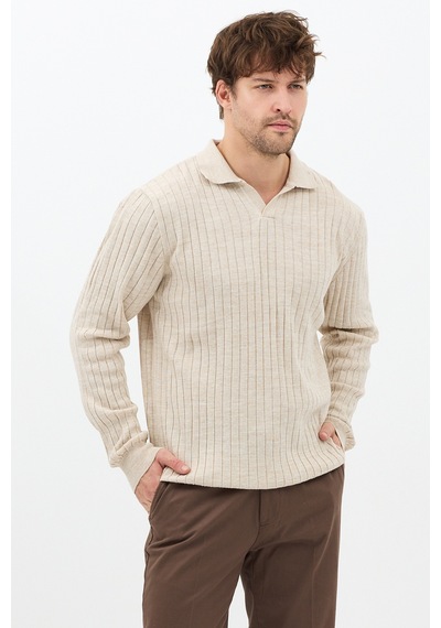 Erkek Bej Slim Fit Uzun Kollu Polo Yaka Triko Kazak Bej