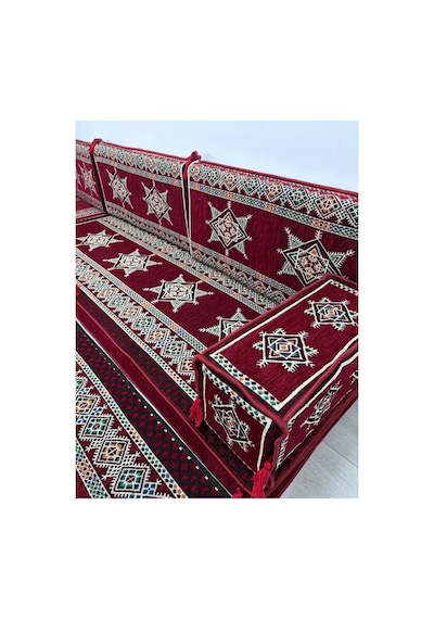 Yıldız Modeli Bordo Otantik Şark Köşesi Takımı U Set - Geleneksel Yer Minderi Seti 10 Cm Minder Kalınlığı 15 Parça