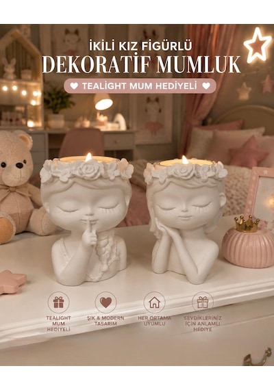 İkili Kız Figürlü Dekoratif Mumluk Seti Tealight Mum Hediyeli 2