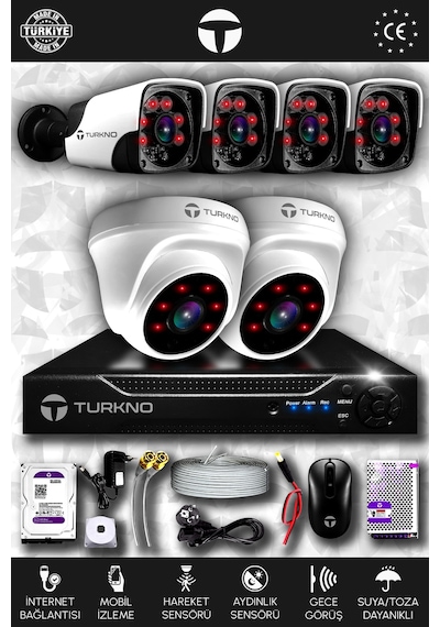 Turkno 6 Kameralı Pania 2 İç Kamera Set 320 GB HDD Full HD Gece Görüşlü Güvenlik Kamerası Sistemi