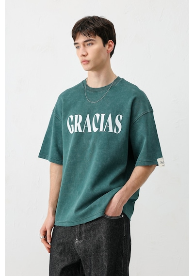 Vamos Oversize Baskılı Tişört V70-143 Yeşil