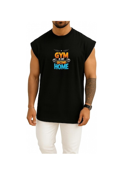 Bahriyeli Collection Oversize Gym Benim İkinci Evim Göğüs Baskılı Atlet Siyah