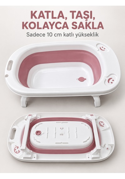 Beylini Katlanabilir Bebek Küveti Soft Silikon Destekli Banyo Akordion Duş Oyun Alanı Pembe