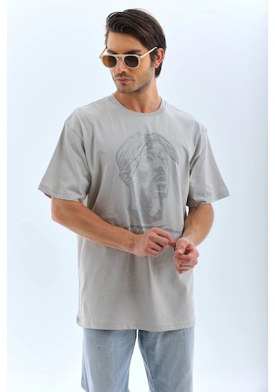 Erkek Tişört Taş Detaylı Bisiklet Yaka Kısa Kol T-shirt - Gri