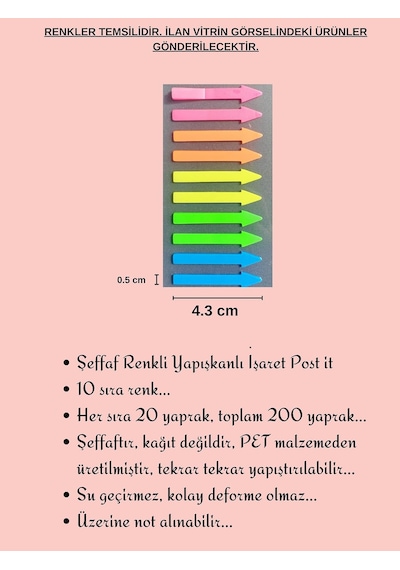 Şeffaf Renkli Yapışkanlı Not Kağıdı İşaret Şerit İşaret 6