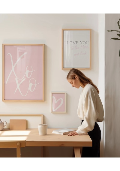 Çerçevesiz Poster Xoxo, I Love You, Ve Kalp Tasarımlı Minimal