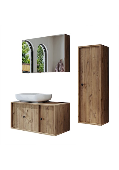 Oval Lavabolu Mdf 90 Cm Çekmeceli Banyo Dolap + Aynalı Dlp Atl Atlantik Çam