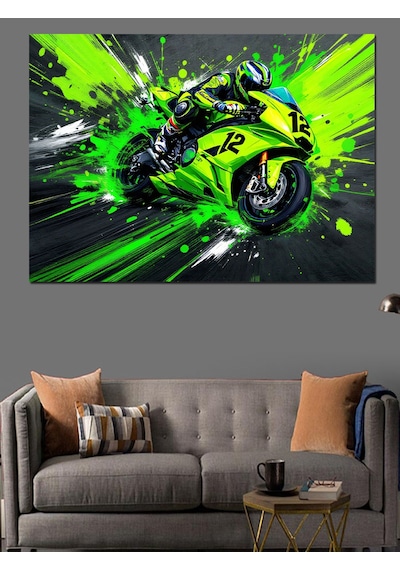 Neon Yeşil Yarış Motosikleti Dekoratif Kanvas - Mdf Ahşap Tablo