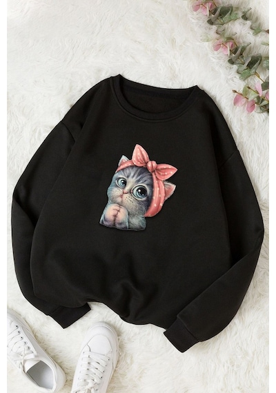 Unisex Sevimli Kedi Baskılı Bisiklet Yaka Sweatshirt Siyah