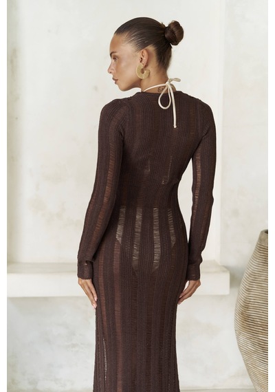 Mai Collection Mai Studios Co. Anandra Boncuk Detay Kahve Triko Uzun Elbise Kahve