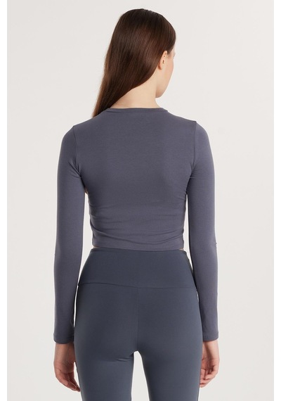 Tudors Kadın Slim Fit Pamuklu Düz Bisiklet Yaka Antrasit Bluz-33732 Antrasit