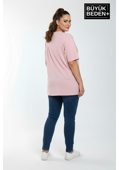 Superlife Kadın Büyük Beden Ar Baskılı 3xl-6xl Bisiklet Yaka Tshırt Spr26btsk510-1 Pembe