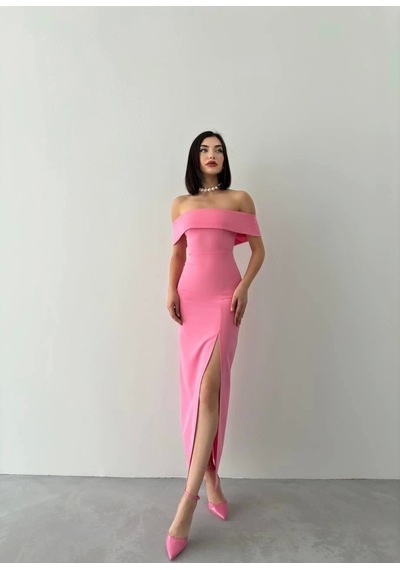 Defymoda Madonna Yaka Uzun Elbise Pembe