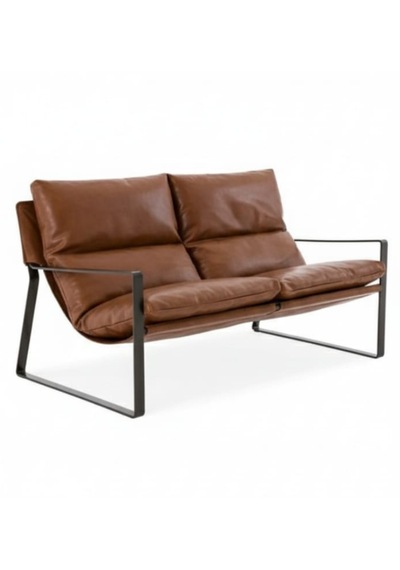 Sller Modern İkili Koltuk - Loft Tasarım Deri/kumaş Bahçe Ve Balkon Kanepesi - Metal İskeletli 130 Cm Taba