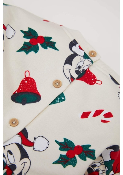 DeFacto Kız Bebek Disney Mickey & Minnie Bisiklet Yaka Yılbaşı Temalı Uzun Kollu Elbise D7431A524WNER233 Ekru