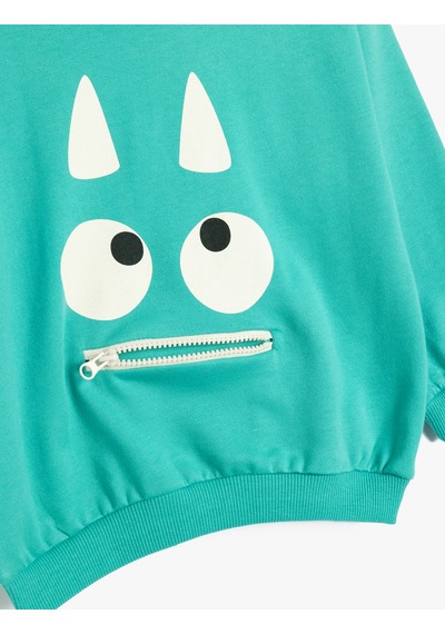 Koton Sweatshirt Canavar Baskılı Uzun Kollu Bisiklet Yaka Turkuaz 5wmb10197tk Turkuaz