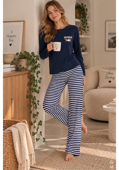 Koza İç Giyim Kadın Pamuklu Çizgili Desenli Baskı Detaylı Pijama Takımı Kk30148 Mavi - Beyaz Koza İç Giyim Kadın Pamuklu Çizgili Desenli Baskı Detaylı Pijama Takımı Kk30148 Mavi - Beyaz