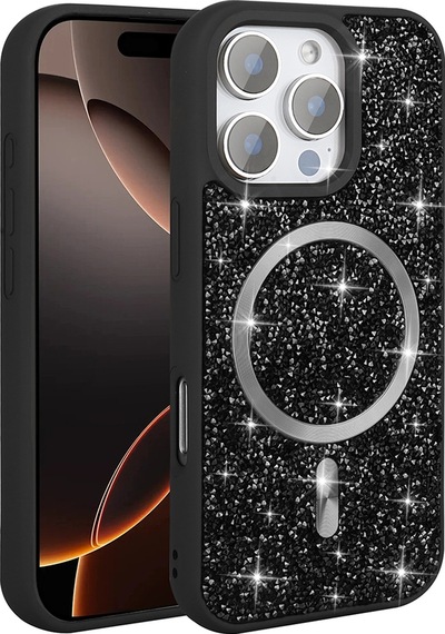 Zore Apple Uyumlu iPhone 16 Pro Max Kılıf Pırlanta Tasarımlı Magsafe Şarj Özellikli Mozaik Sil Siyah