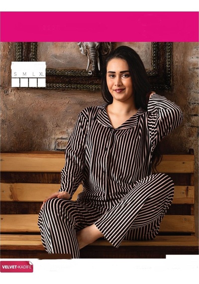 Sude Kadın Kışlık Gömlek Yaka Kadife Çizgili Pijama Takımı P200/839 - 1 Adet 001