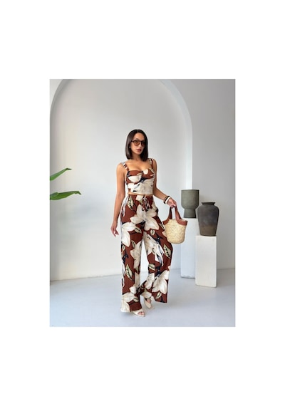 Evoa Kadın Magnolia Desenli Crop Ve Pantolon Takım Kahverengi Kahverengi