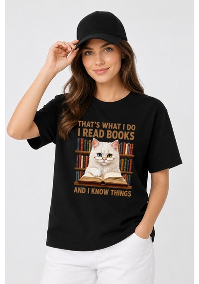 Bayloranzzo The Reader Cat %100 Pamuk Heavy Cotton Premium Kalite Kadın Tişört Siyah