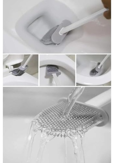 Orret Home Duvara Yapıştırılabilir Silikon Wc Fırçası,ince Aralara Girebilir Silikon Klozet Fırçası Beyaz Açık Ahşap