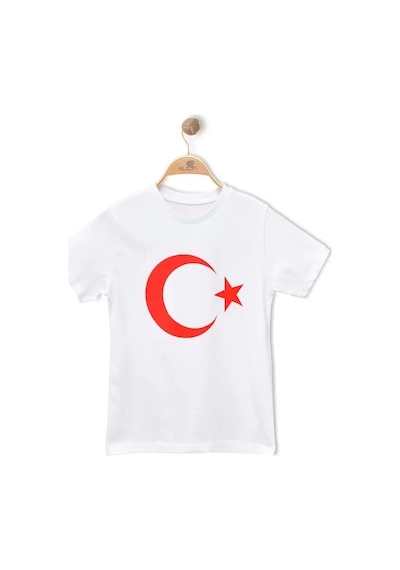 Alglıfe Unısex Çocuk Ay Yıldız Bayraklı Kısa Kol Tişört Beyaz