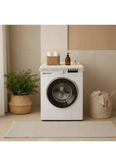 Ham Ponponlu Monica Çamaşır Makinesi Örtüsü - Çeyizlik Dekoratif Banyo Makine Kılıfı Krem