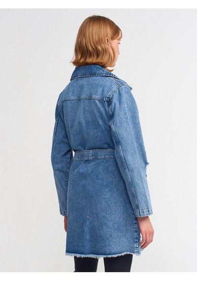 Dilvin 65336 Metal Düğmeli Denim Trençkot-mavi-977 Mavi