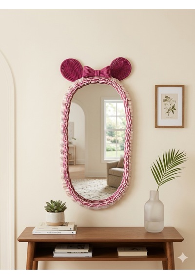 Rattan Pembe Fiyonklu Mickey Mouse Ayna