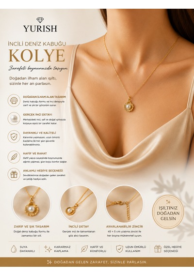 Kadın Gold İncili Midye Kolye 01 - Gold