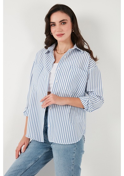 Lela Regular Fit Uzun Kollu Çizgili Bayan Gömlek 6772875 Indigo