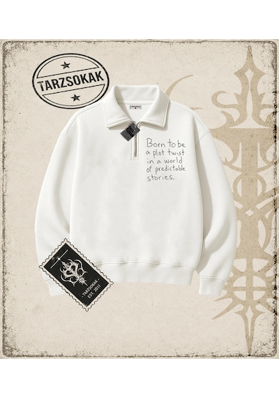 Tarzsokak Gotik & Grunge Streetwear Bornt To Be A Plot Yarım Fermuarlı Sweatshirt Beyaz