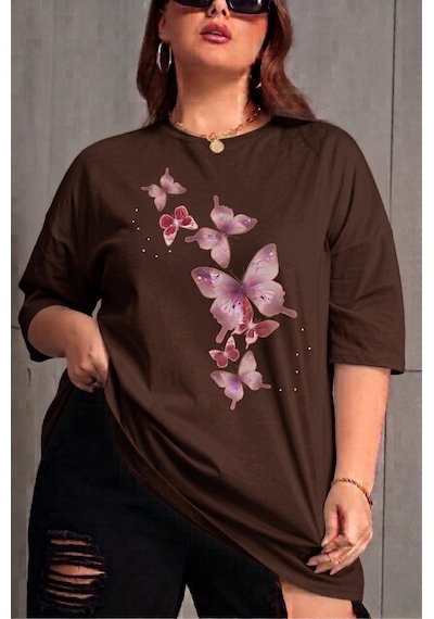 Kelebek Baskılı Kadın Büyük Beden Battal Bisiklet Yaka Pamuklu T-shirt Rahat Kesim Kahve