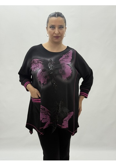 Büyük Beden Viskon Taşlı Cepli Kapri Kol Oversize Kadın Bluz Pembe