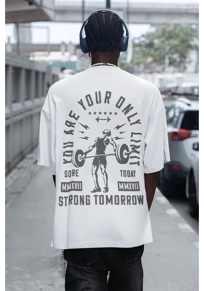 Senin Tek Sınırın Sensin Halter Sırt Baskılı Unisex Oversize Fitn Beyaz