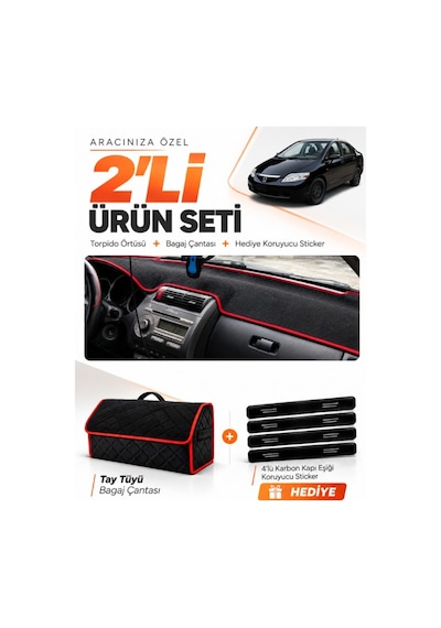 Honda Cıty 2002-2007 Uyumlu Torpido Örtüsü + Tay Tüyü Bagaj Çantası + Sticker Seti - Siyah Kırmızı