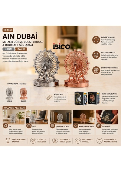Küçük Aın Dubai Metalik Dönme Dolap Biblosu - Dekoratif Süs Eşyası Krom - Bakır 5468