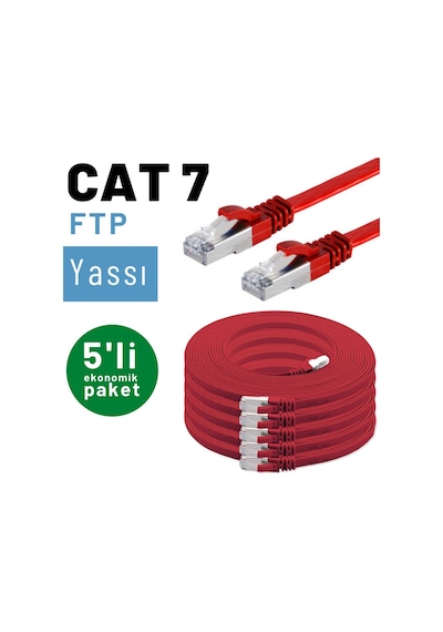 5 adet IRENIS CAT7 Kablo Yassı FTP Ethernet Kablosu, 2 mt Kırmızı