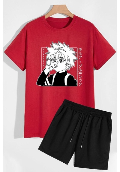 Uyguntarz Rahat Tasarım Anime Şort T-shirt Eşofman Takımı Kırmızı