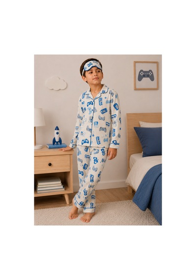 Free Beka Erkek Çocuk Önden Düğmeli Konsol Desenli Uzun Kollu Pijama Takımı Ve Göz Bandı Krem